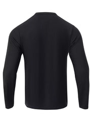 Men's black long sleeve cotton Henley t-shirt, back view