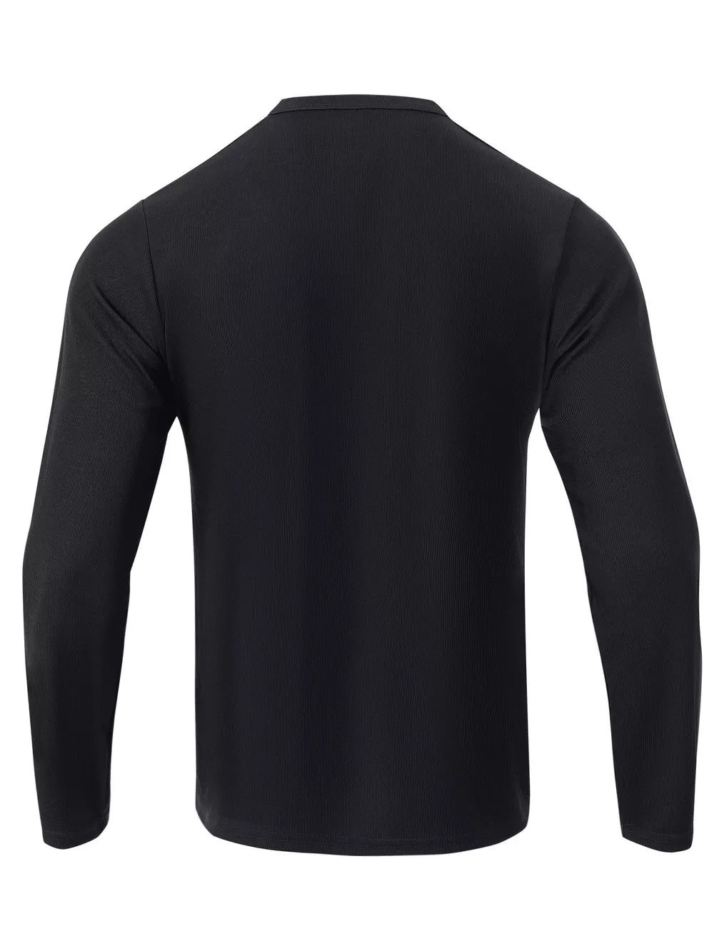 Black long sleeve Henley t-shirt with a ribbed texture for everyday comfort.