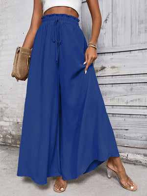 Royal blue palazzo trousers with ruffled waistline and drawstring, wide leg, casual flowy fit.