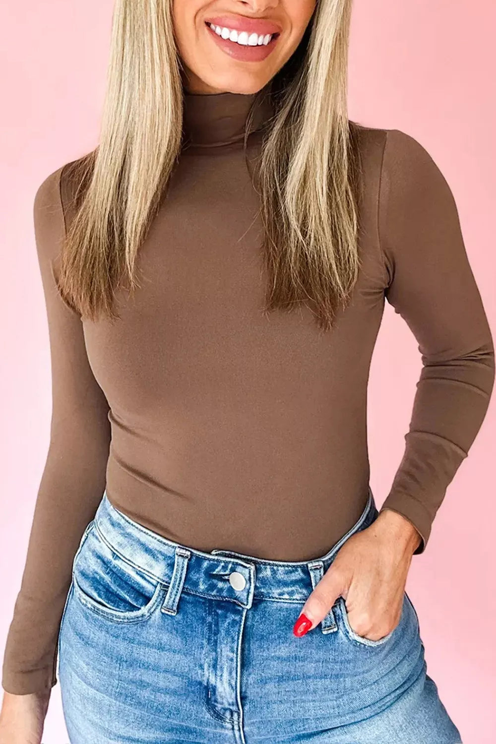 Sleek high neck slim-fit shirt in taupe or black.