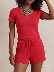 Bright Red scoop-neck tee and drawstring shorts set for women.