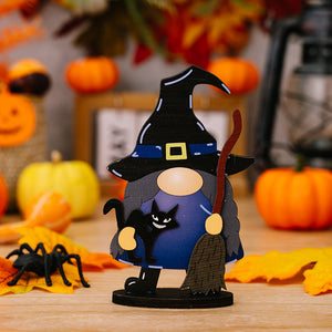 Halloween gnome figurine in blue with black cat and broom, Style B