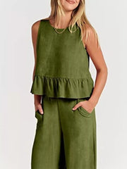 Ruffled Hem Sleeveless Top And Wide-leg Pants Set Plus Size in Black, fabric detail