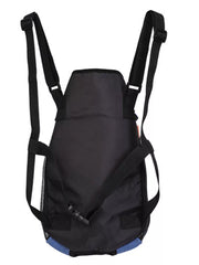 Black adjustable pet carrier backpack with mesh sides and blue trim.