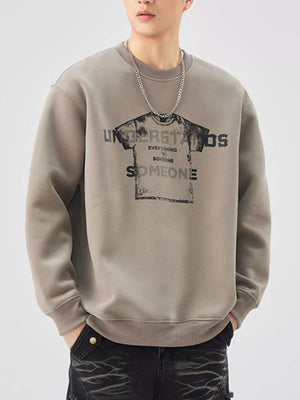 Men's oversized khaki graphic sweatshirt with crewneck and text print.