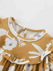 Toddler dress with floral print, ruffle collar, and lace trim.