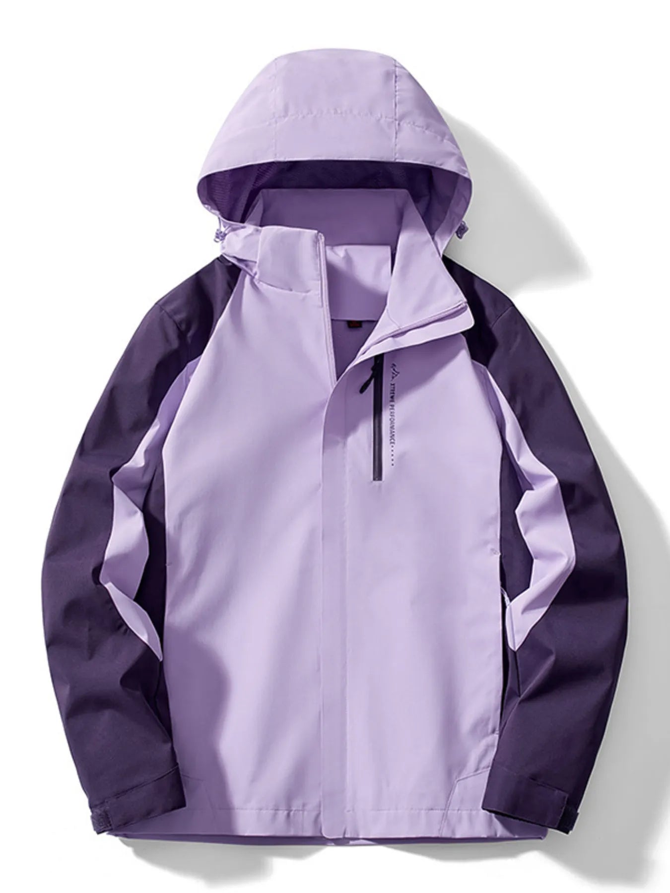 Men's lavender and dark purple waterproof jacket with hood and zip detail