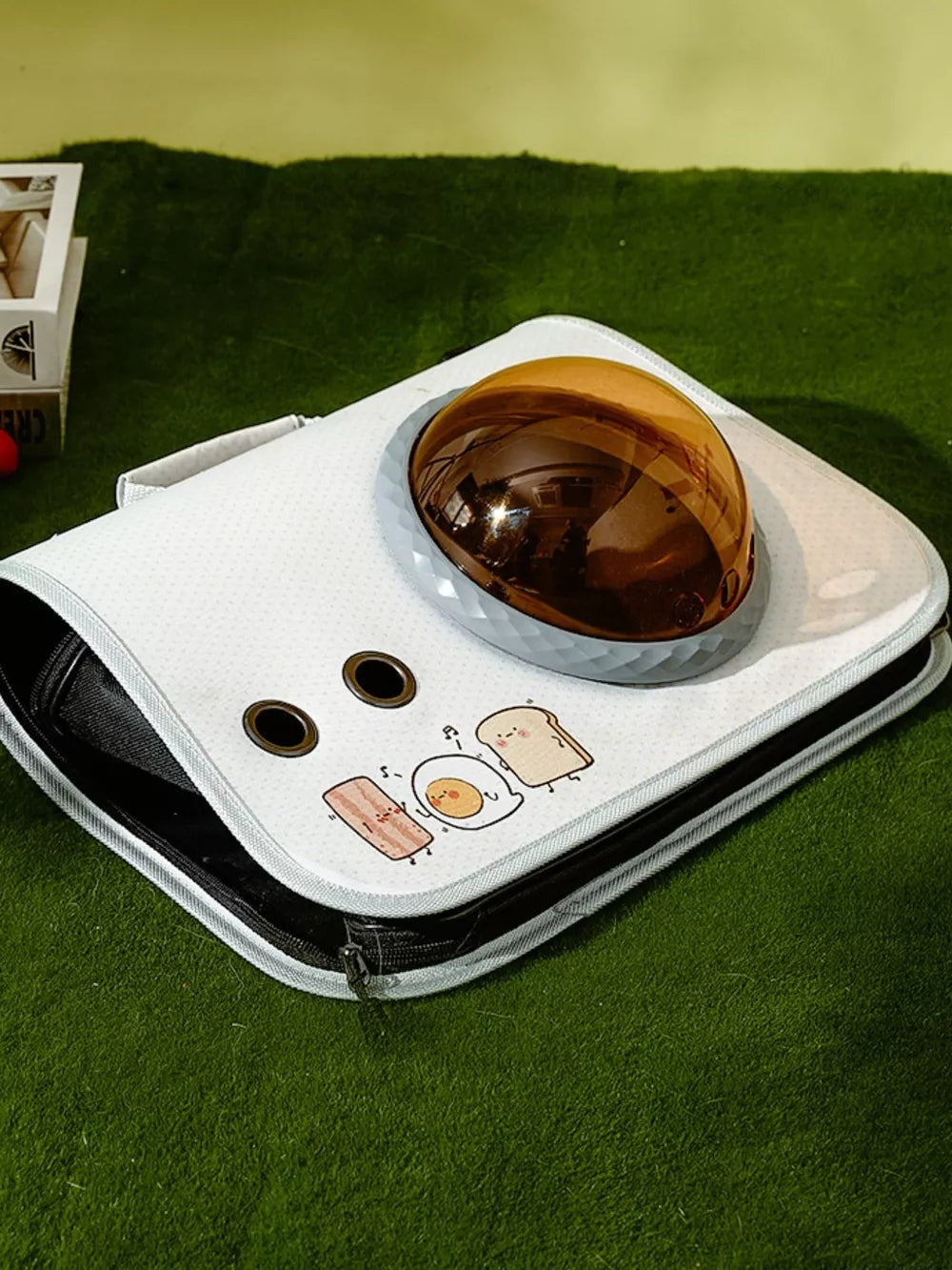 White pet carrier with bubble window and cute breakfast decals