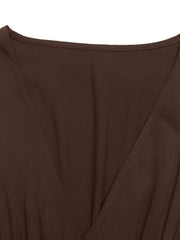 Brown V-neck midi dress with a-line cut and puff sleeves, showing neckline detail.