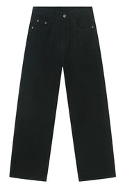 Relaxed fit black denim trousers with a wide leg and classic five-pocket styling.