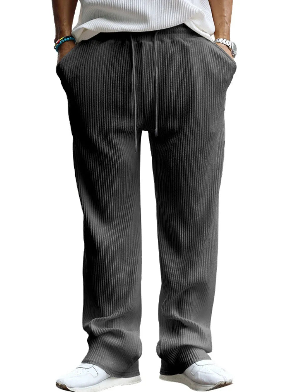 Dark gray textured wide-leg drawstring lounge trousers with pockets