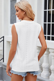 White perforated button-down sleeveless blouse with eyelet details