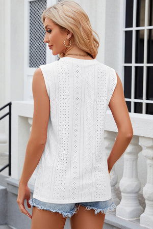 White perforated button-down sleeveless blouse with eyelet details