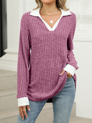 Purple Red ribbed knit long sleeve t-shirt with white collar and cuffs, v-neck.