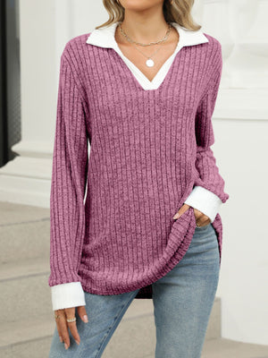 Purple Red ribbed knit long sleeve t-shirt with white collar and cuffs, v-neck.