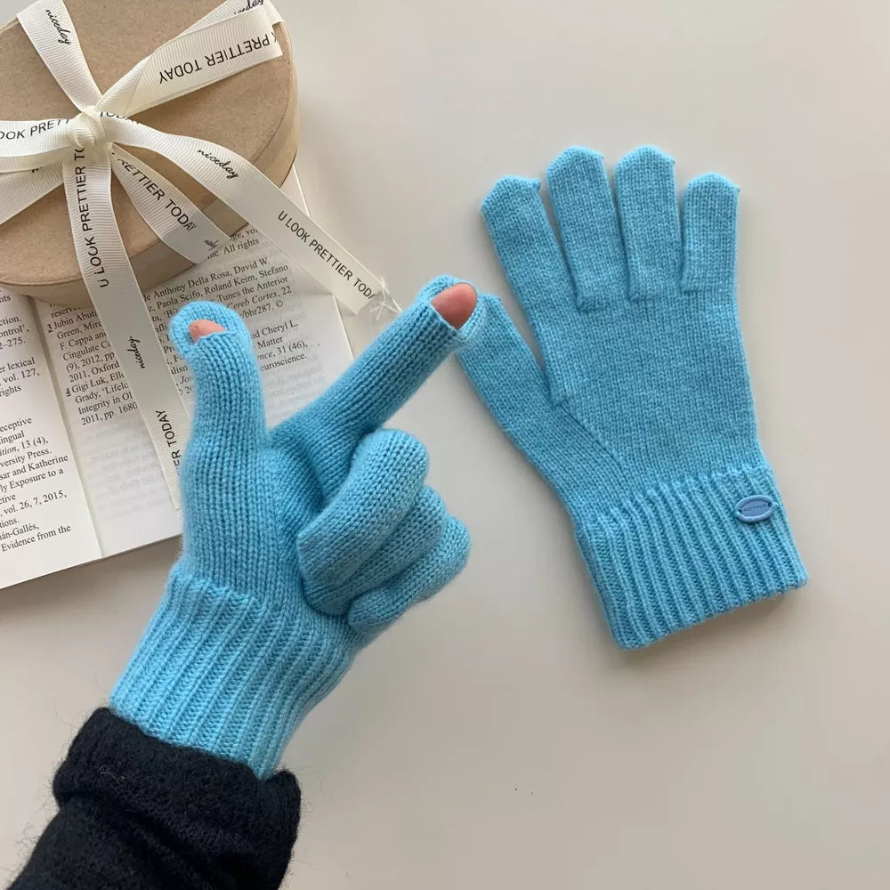 Cerulean wool knit gloves with ribbed cuffs and button detail