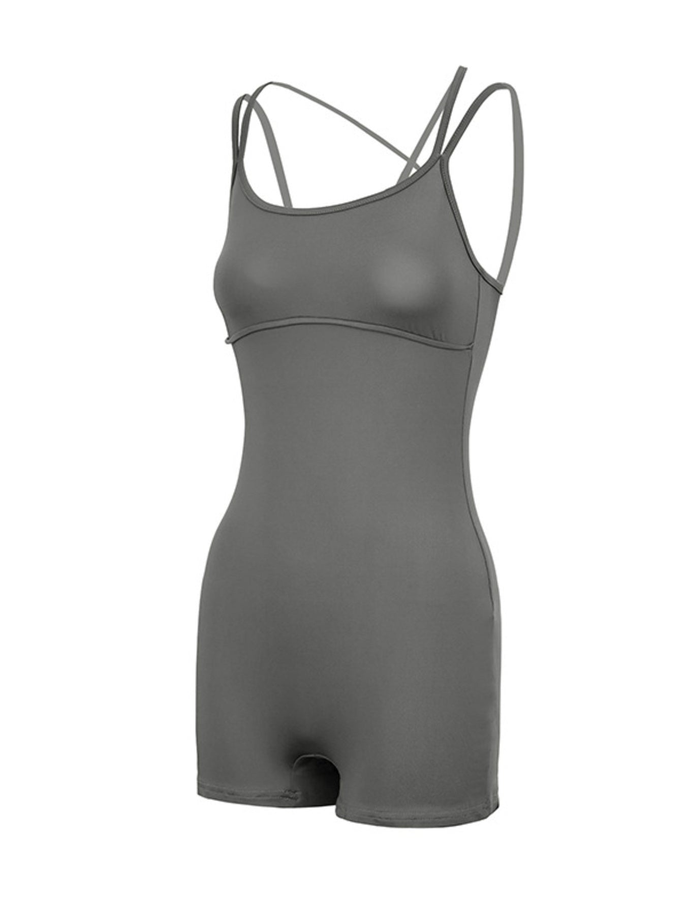 Grey cotton blend active romper with scoop neck and crisscross straps