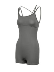 Grey cotton blend active romper with scoop neck and crisscross straps