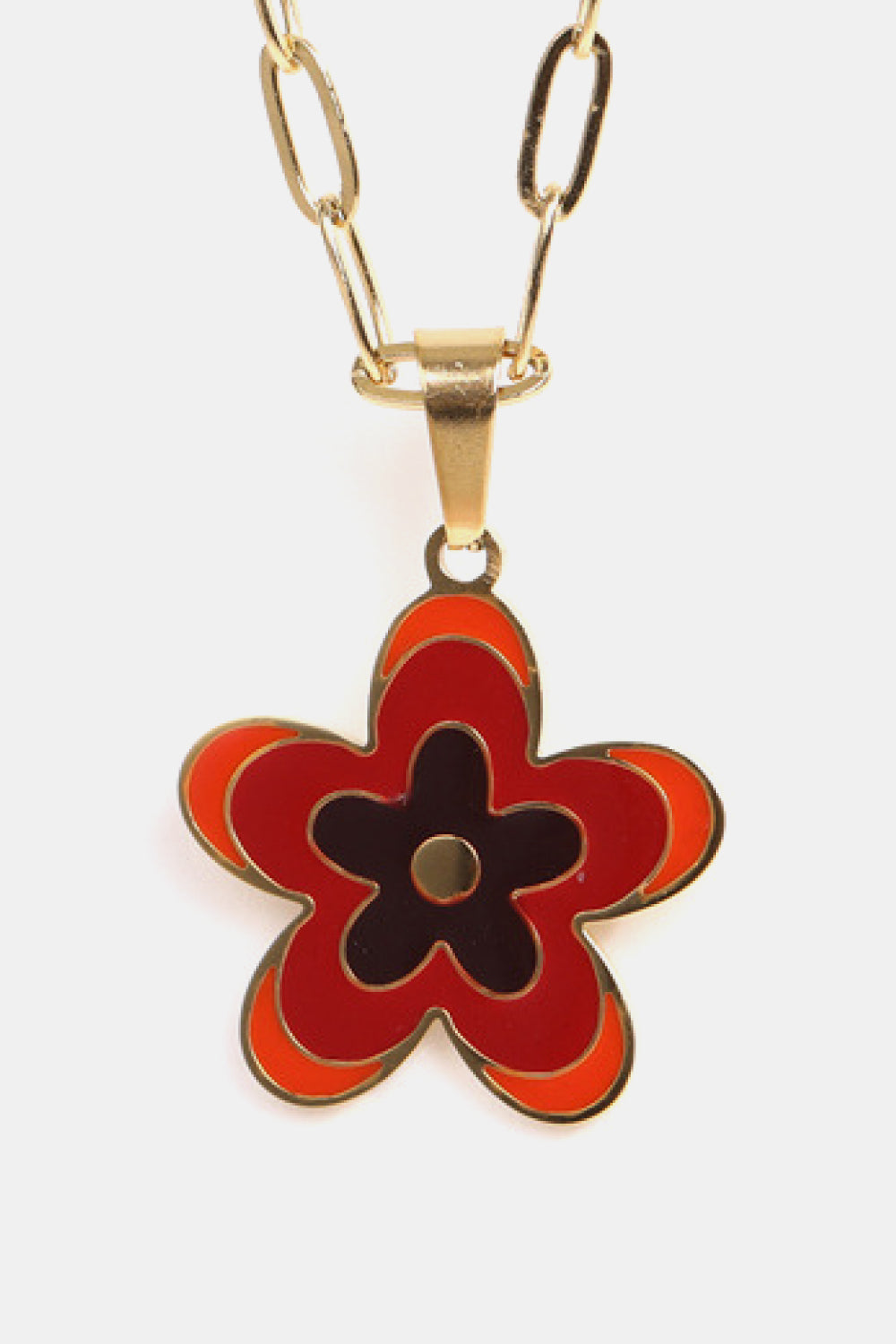 Enamel floral pendant necklace with gold-plated chain, featuring red and orange petals and a dark center.