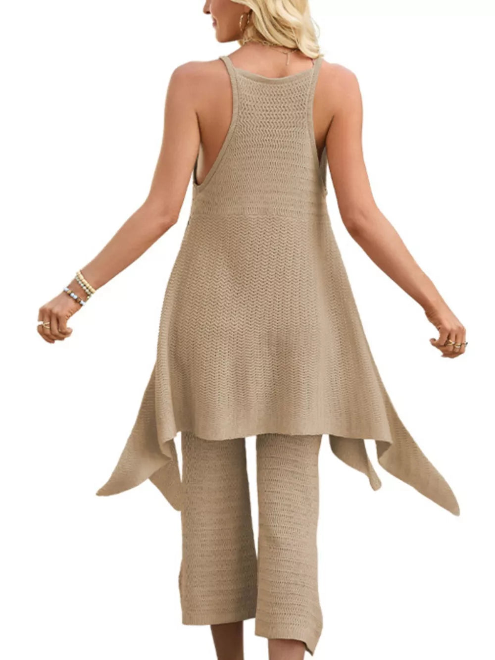 Khaki knit two-piece set with asymmetrical hem tunic and cropped pants.