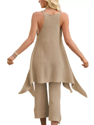 Khaki knit two-piece set with asymmetrical hem tunic and cropped pants.