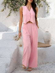 Blush pink textured crop vest and wide leg pants set with button detail