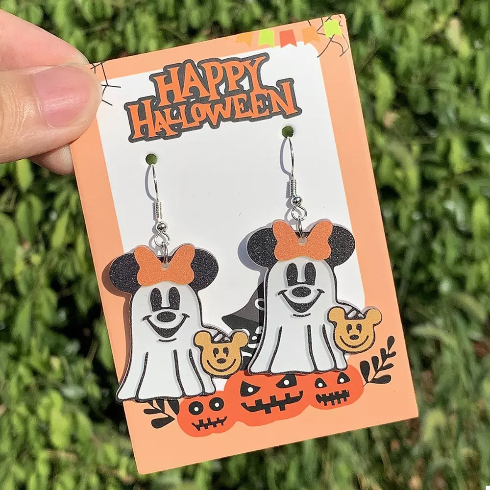 Charming Ghostly Mickey dangle earrings in black and sherbet acrylic with Halloween pumpkins.