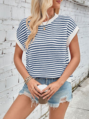 Textured stripe knit top in navy and white with cap sleeves and a crew neck.