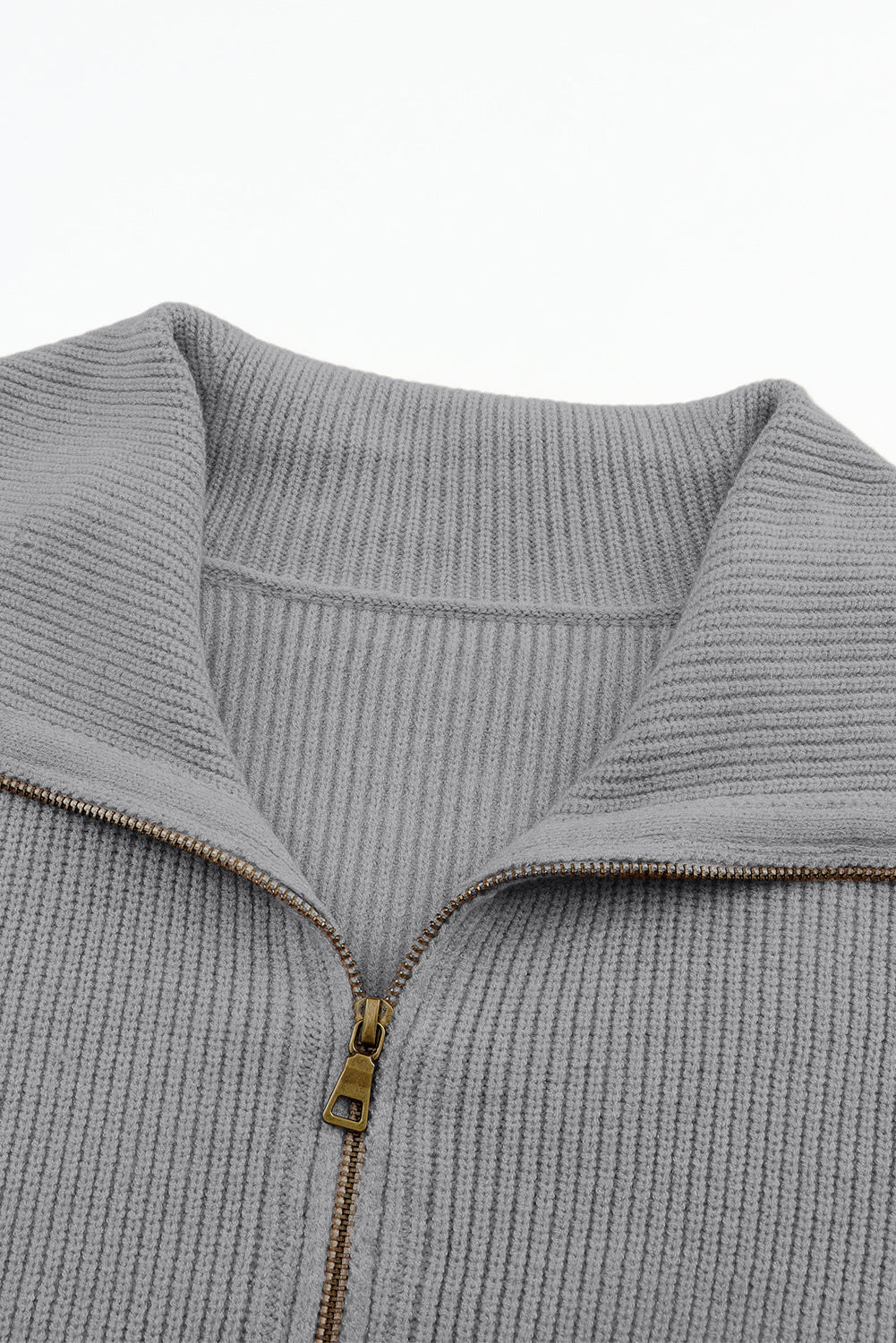Grey ribbed knit cardigan with shawl collar and zip detail