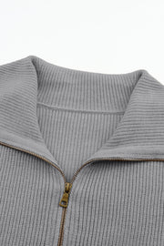 Grey ribbed knit cardigan with shawl collar and zip detail