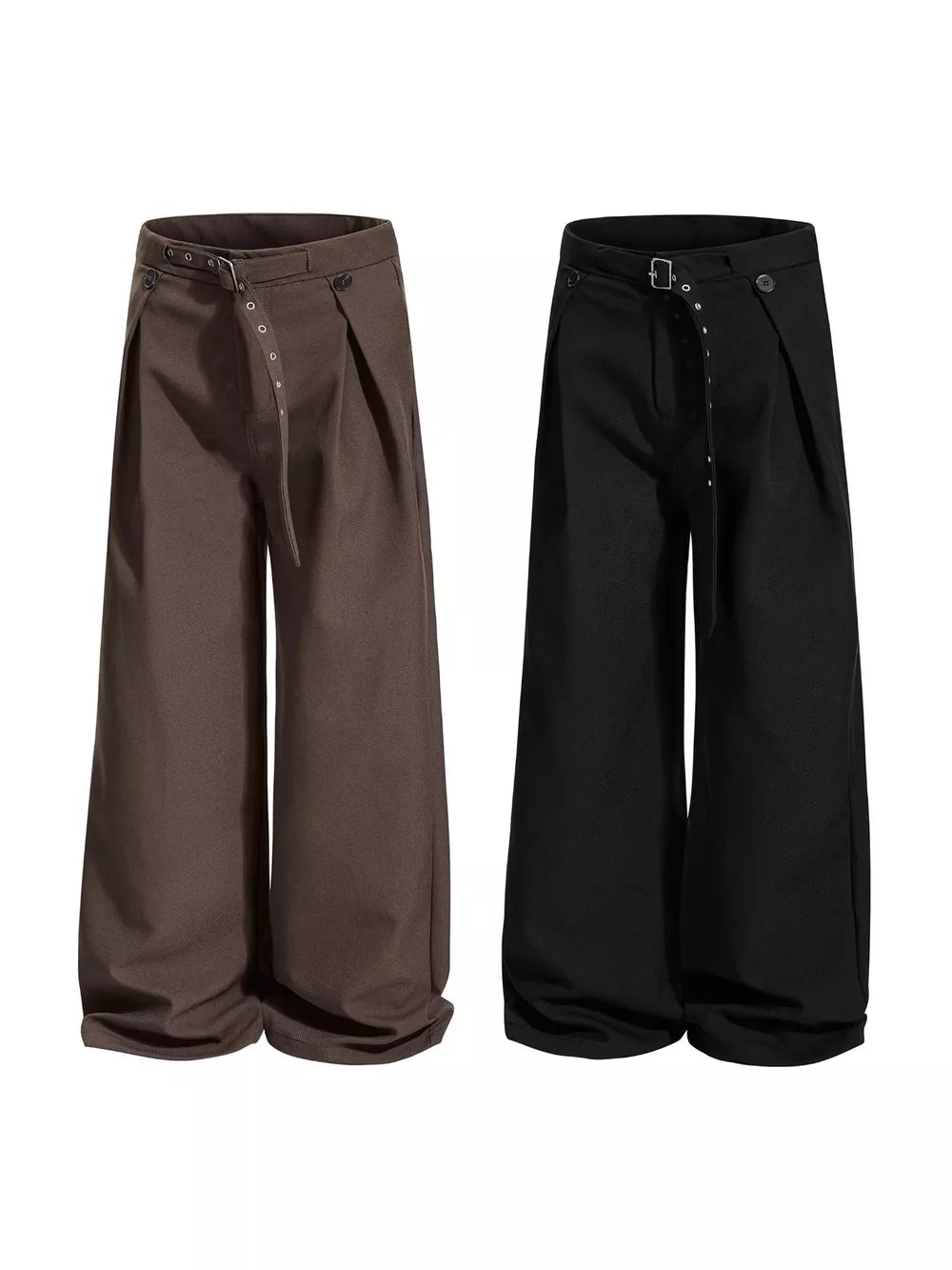 Belted wide-leg sweatpants in black and brown with adjustable waist belts and button closures.