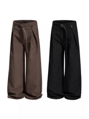 Belted wide-leg sweatpants in black and brown with adjustable waist belts and button closures.