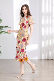 Embroidered Floral Puff Sleeve Midi Dress