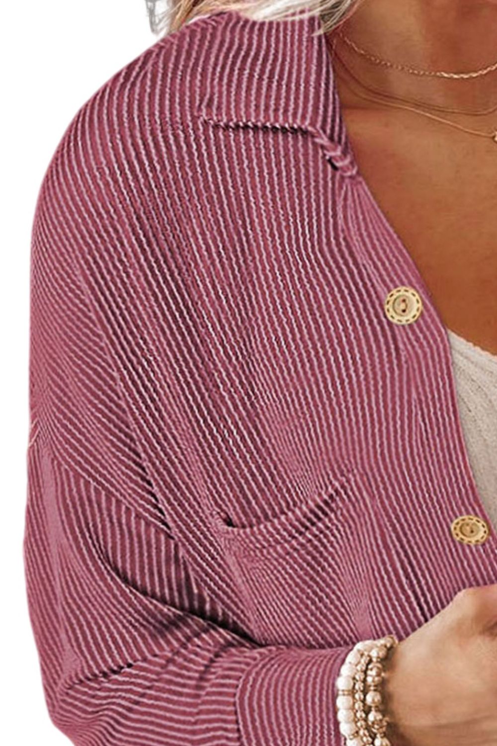 Textured stripe overshirt in Dusty Pink with button front, collar, and chest pocket detail.