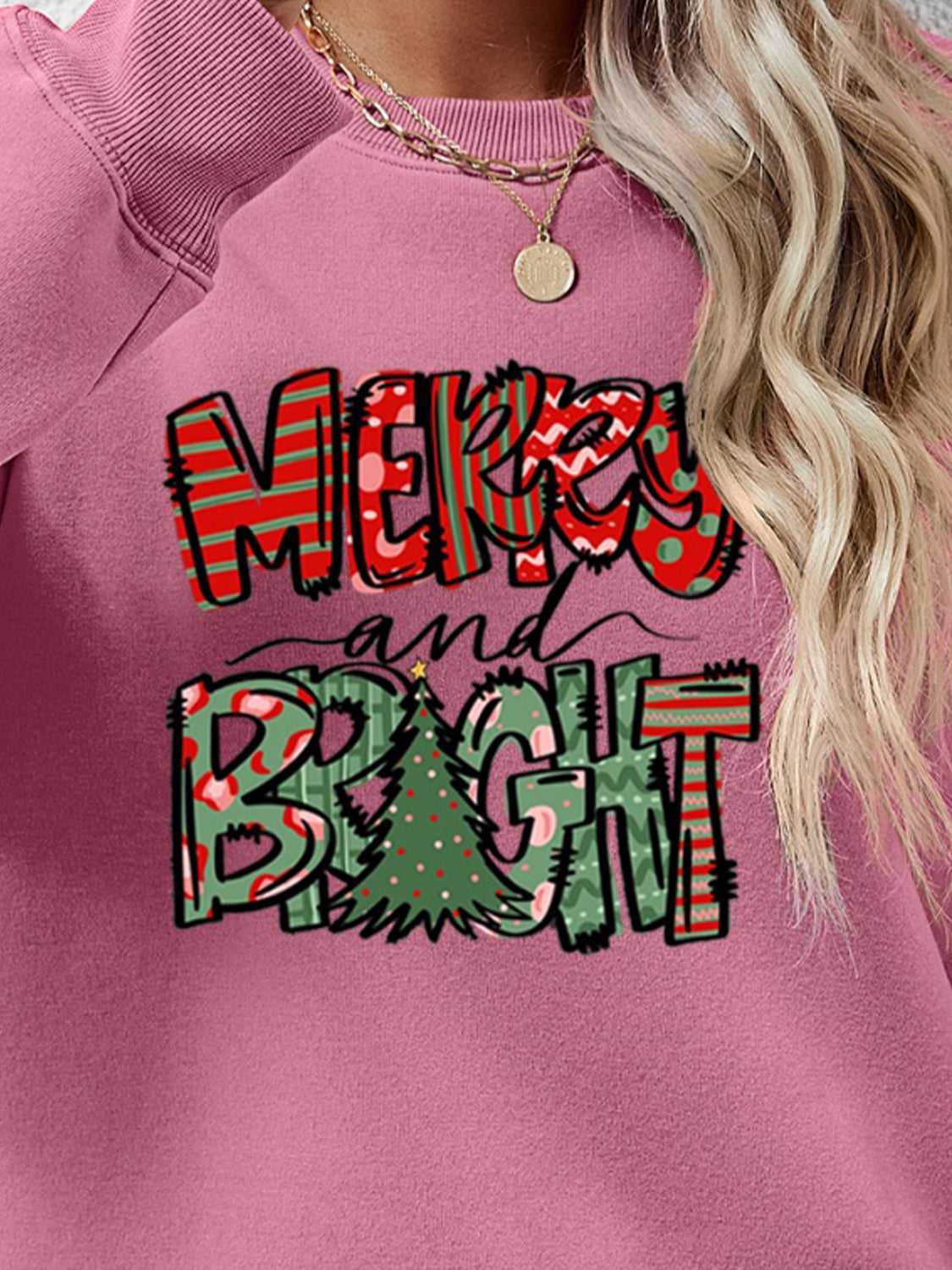 Festive graphic crewneck sweatshirt in blush pink with Merry and Bright Christmas tree print