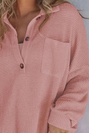 Dusty Pink waffle knit henley shirt with pocket and button detail