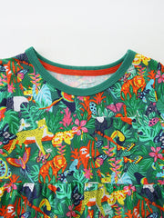 Toddler green cotton dress with jungle animal print and pocket