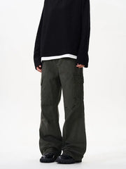 Tailored cargo pants in military green with versatile pockets and a relaxed fit.