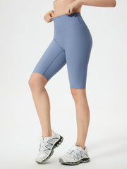 Ribbed contour cycling shorts in light blue with a high waist and mid-thigh length.