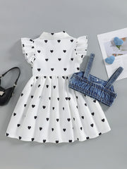White heart print dress with ruffled sleeves and denim cami set