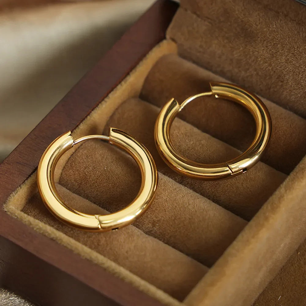 Sculpted gold hoop earrings with a polished finish, presented in a jewelry box.