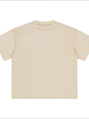 Beige washed cotton t-shirt with raw seams and crew neck.