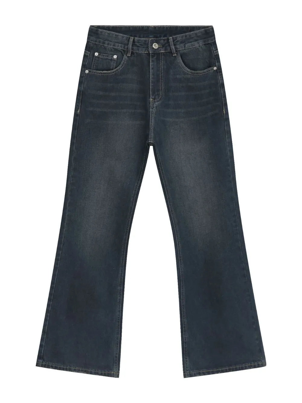 Dark flared denim jeans with subtle fading and a bootcut leg.