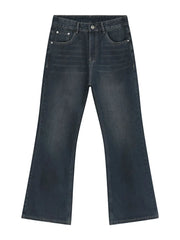Dark flared denim jeans with subtle fading and a bootcut leg.