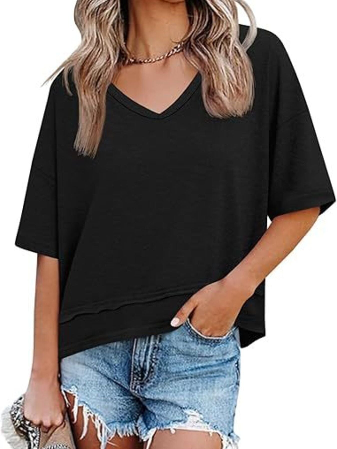 Black relaxed fit v-neck t-shirt with raw hem detail and short sleeves.