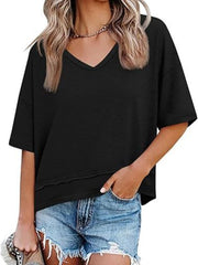 Black relaxed fit v-neck t-shirt with raw hem detail and short sleeves.