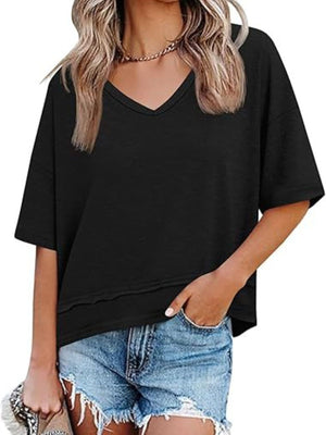 Black relaxed fit v-neck t-shirt with raw hem detail and short sleeves.