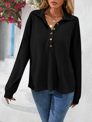 Black waffle knit henley blouse with collar and button detail
