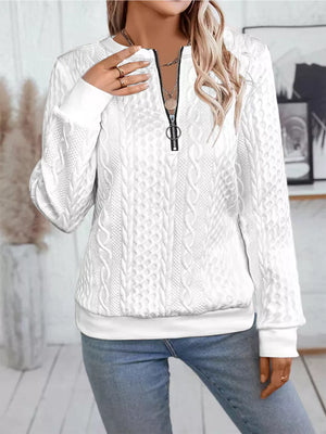 Chic Cable Texture Quarter-zip Sweatshirt in Blue, front view