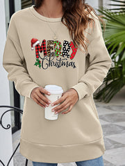 Beige crewneck sweatshirt with festive "Merry Christmas" graphic and holly detail.